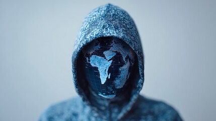 A hooded figure with a digital map for a face, symbolizing technology, anonymity, and the interconnectedness of the world.