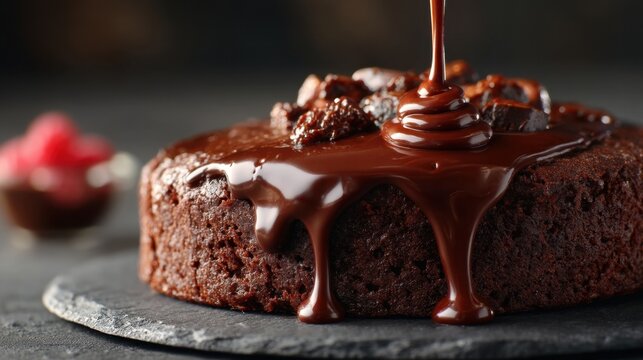 A rich chocolate cake sits on a dark slate plate. Thick chocolate syrup is being drizzled over the moist cake enhancing its texture. Fresh raspberries are in the background adding a pop of color.