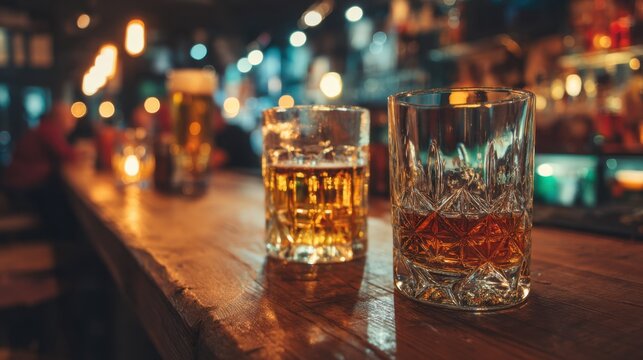 Friends gather at a vibrant bar in the evening. Glasses of whiskey and beer sit on the wooden counter reflecting the warm lights and creating a welcoming vibe.