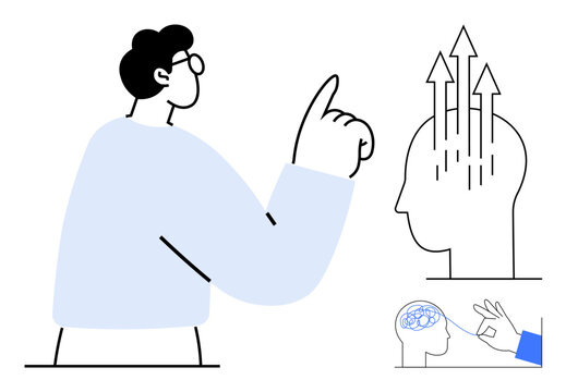 Mental growth concept. Visualizing personal development and intelligence with arrows, brain activity, and gestures. Mental growth for education, innovation, mindset, problem-solving, and creativity