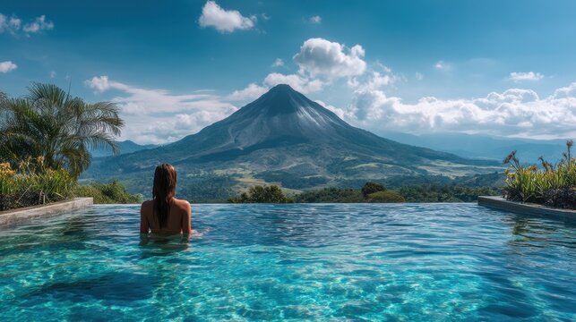 A person enjoys a peaceful moment in a luxurious pool gazing at a spectacular mountain landscape. The scene captures the beauty of nature and tranquility.