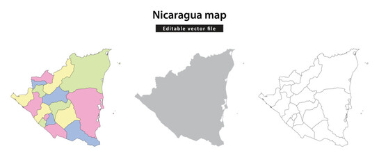 Obraz premium Nicaragua map. Set of three vector maps of Nicaragua showing administrative divisions, a solid silhouette, and an outline.