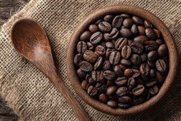 Fototapeta premium Roasted Coffee Beans in Wooden Bowl 