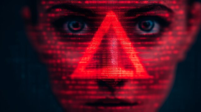 A striking portrait of a person with a digital overlay of red binary code, creating an intriguing blend of technology and human features.