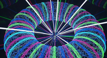 Abstract neon torus shape with radial light beams and colorful glowing strands