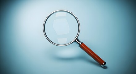 A magnifying glass with a wooden handle rests on a light blue surface, ready for inspection.