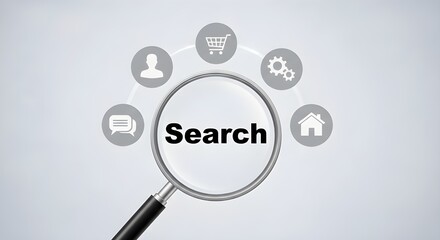 Magnifying glass with the word Search inside, surrounded by icons representing different functions.