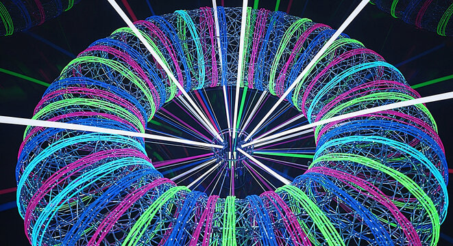 Abstract neon torus shape with radial light beams and colorful glowing strands