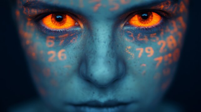 A striking image of a person's face with glowing orange eyes and numerical patterns projected onto their skin, creating a surreal and captivating effect.