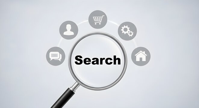 Magnifying glass with the word Search inside, surrounded by icons representing different functions.