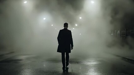 Mysterious figure walks through foggy street at night. A lone man in dark coat creates an atmospheric mood. Urban exploration evokes suspense and intrigue.