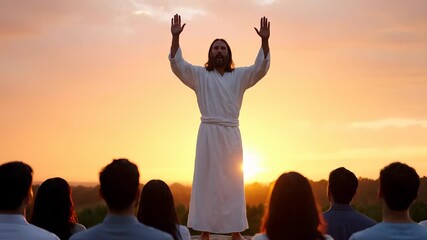 inspirational figure speaks to audience at sunset, conveying hope and calmness. Beautiful scenery creates uplifting atmosphere. Message resonates with many.