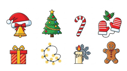 A festive vector collection of eight colorful, cartoon-style Christmas and Holiday icons perfect for seasonal design. The set includes common elements like Santa's hat, a decorated Christmas tree.