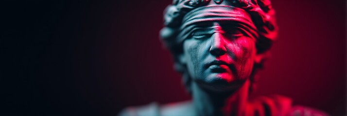 A close-up of a statue with intricate details, illuminated by dramatic red and blue lighting, creating a striking contrast and emotive atmosphere.
