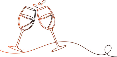 Modern continuous line art illustration of two elegant wine glasses clinking in a festive toast, with dynamic splashes, symbolizing celebration, joy, and special occasions