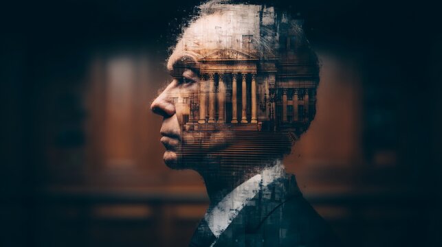 A double exposure image blending a man's profile with architectural elements, creating a striking visual effect that combines human and urban themes.