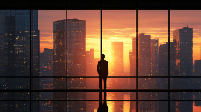 Silhouette of a businessman standing near tall glass window overlooking modern skyscrapers, sunrise lighting, motivational corporate mood, face not visible,