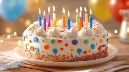A birthday cake featuring bright frosting colorful sprinkles and lit candles stands on a table surrounded by cheerful decorations. Perfect for a joyful celebration with friends and family.