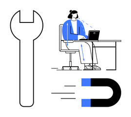 Productivity concept. Productivity illustrated with tools, workspace elements, and magnetic attraction. Productivity enhancement in office work, workflow management, and creative solutions. Usage