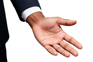A close-up of an open hand in a dark suit, signaling welcome, offer, or invitation in a professional setting. Clean, black background emphasizes the gesture and intent.

