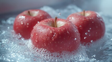 Dynamic close-up of crisp red apples being washed in sparkling clean water, ideal for food and wellness campaigns