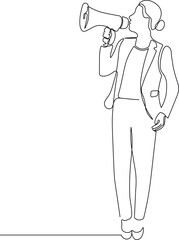 Confident Businesswoman Shouting with Megaphone. Minimalist One Line Leadership Illustration