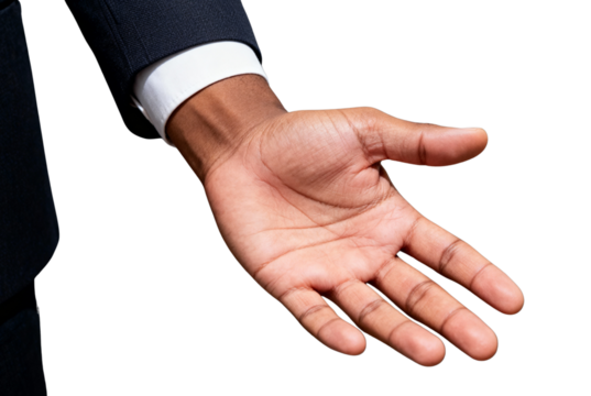 A close-up of an open hand in a dark suit, signaling welcome, offer, or invitation in a professional setting. Clean, black background emphasizes the gesture and intent.

