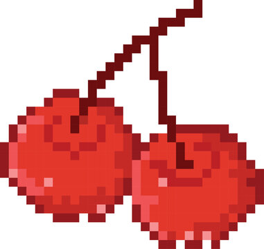 Juicy retro pixel art cherries 8bit videogame food icon sweet red fruit design element graphic asset
