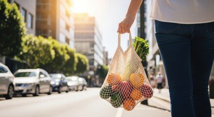 Person carrying reusable mesh bag with fresh produce
