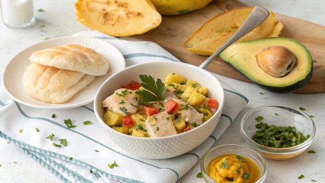 Enjoying ackee and saltfish with side dishes in a bright kitchen setting