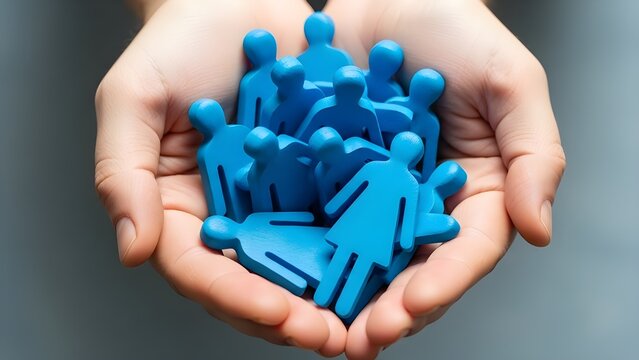 Hands gently holding a cluster of small blue human figures symbolizing community and support