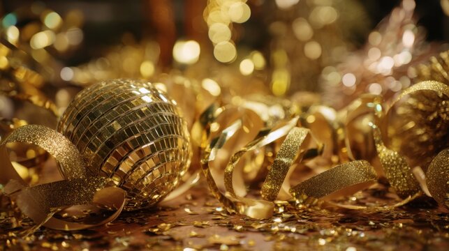 Shiny golden decorations and a sparkling disco ball adorn a festive setting creating a lively ambiance for a celebration during a joyful party. - Powered by Adobe