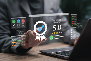 Global Customer Satisfaction Rating Concept, Businessman Touching Quality Assurance, High Service Rating, Positive Online Review Trends, Worldwide Feedback Analytics, After-Sales Experience Evaluation