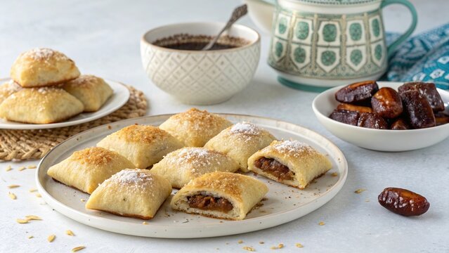Delicious Algerian makroud pastries filled with dates served on a plate with coffee at a cozy setting