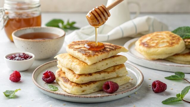 Enjoying stacked Algerian msemen pancakes drizzled with honey and surrounded by fresh berries