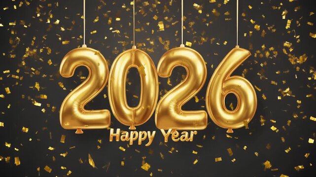 Golden balloons spelling out "2026" hang above "Happy Year" amidst falling confetti.
