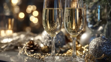 Two elegant glasses filled with sparkling beverage sit on a table adorned with festive decorations. The warm glow of lights enhances the celebratory mood perfect for gatherings.