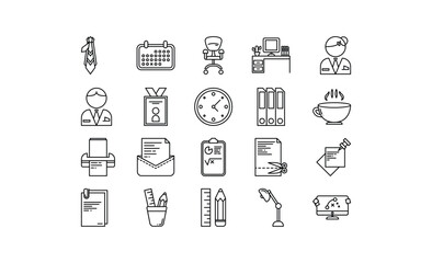 Set of Minimalist Outline Icons for Office Work and Business. Vector Collection of Stationery, Desk, and Employee Symbols.