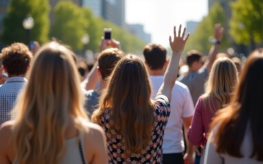 A group of diverse individuals seen from behind, engaging in social activities such as taking photos, talking, and waving. Ideal for lifestyle community events social gatherings modern society urban
