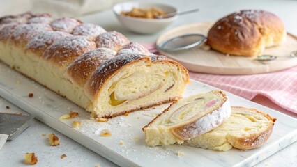Delicious Armenian gata sweet bread with pastel colors on a clean kitchen surface ready to serve