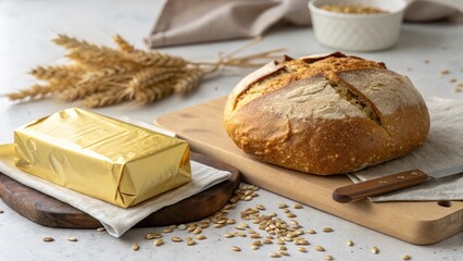 Artisan bread and gold foil wrapped butter on a wooden board with rustic decor