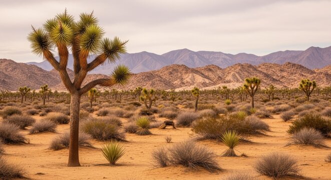 Joshua Trees Desert Landscape with Mountains Backdrop