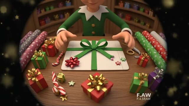 Festive Animation of Christmas Elf Tying Ribbon on Present in Whimsical Workshop