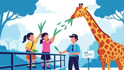 Children feeding a giraffe during a supervised zoo feeding experience. Ideal for educational tours, wildlife activities, and family-friendly travel content