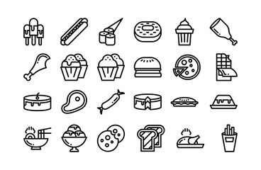 Fast Food and Desserts Outline Icon Vector Set.