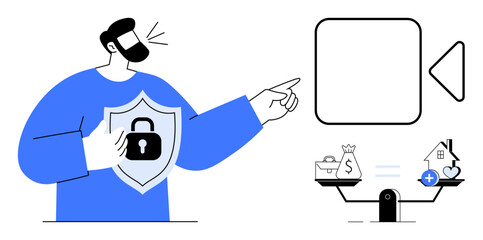 Data security concept. Data security highlighted by shield-protected system, weighing money and health priorities. Data security for online privacy, fintech, remote collaboration, health apps
