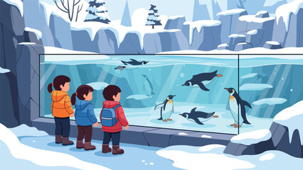 Children observing penguins swimming inside a glass exhibit at the zoo. Ideal for wildlife education, aquatics, and zoo tourism themes