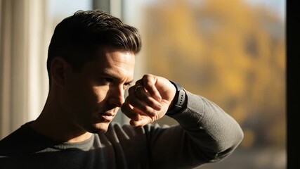 Man interacting with smartwatch using wearable technology for time management indoors during daytime - Powered by Adobe