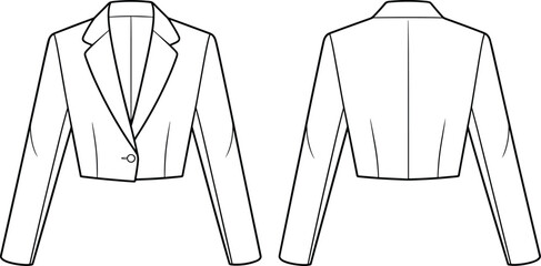 Cropped women's blazer jacket flat sketch vector illustration front and back technical fashion flat template sewing pattern editable outline minimalist