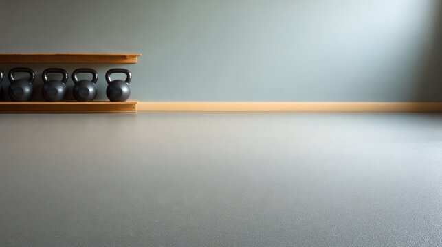 Modern fitness studio with a clean, minimalist design featuring a row of kettlebells on a wooden shelf against a smooth grey floor and light wall